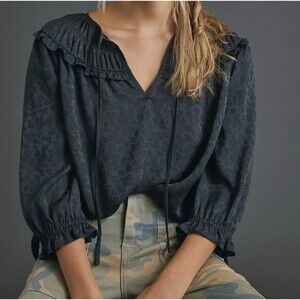 Anthropologie Current Air Shirred Blouse Carbon Black Gray Floral Peasant Boho S